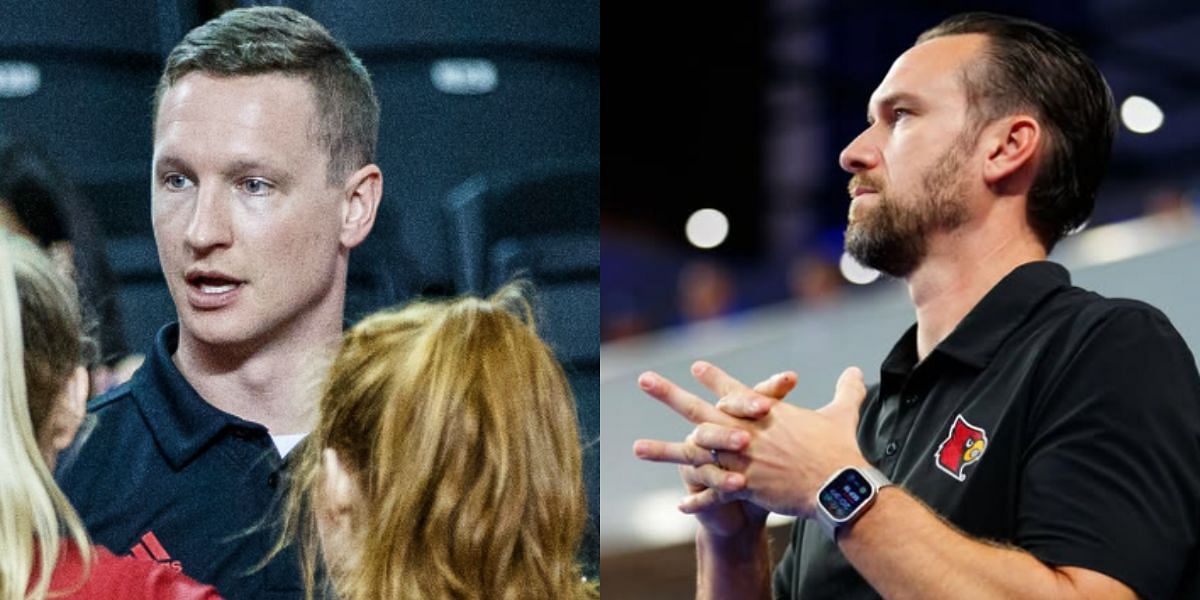 Dan Meske reacts as Todd Chamberlain takes on associate head coach role. (Images by Louisville Volleyball facebook and Instagram)