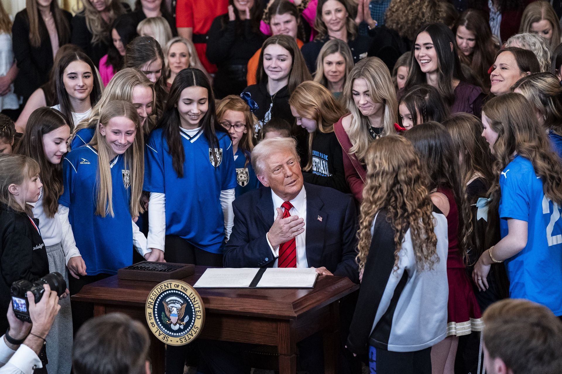 Donald Trump at the White House as he signs new executive order about women&#039;s sports (Image via Getty)