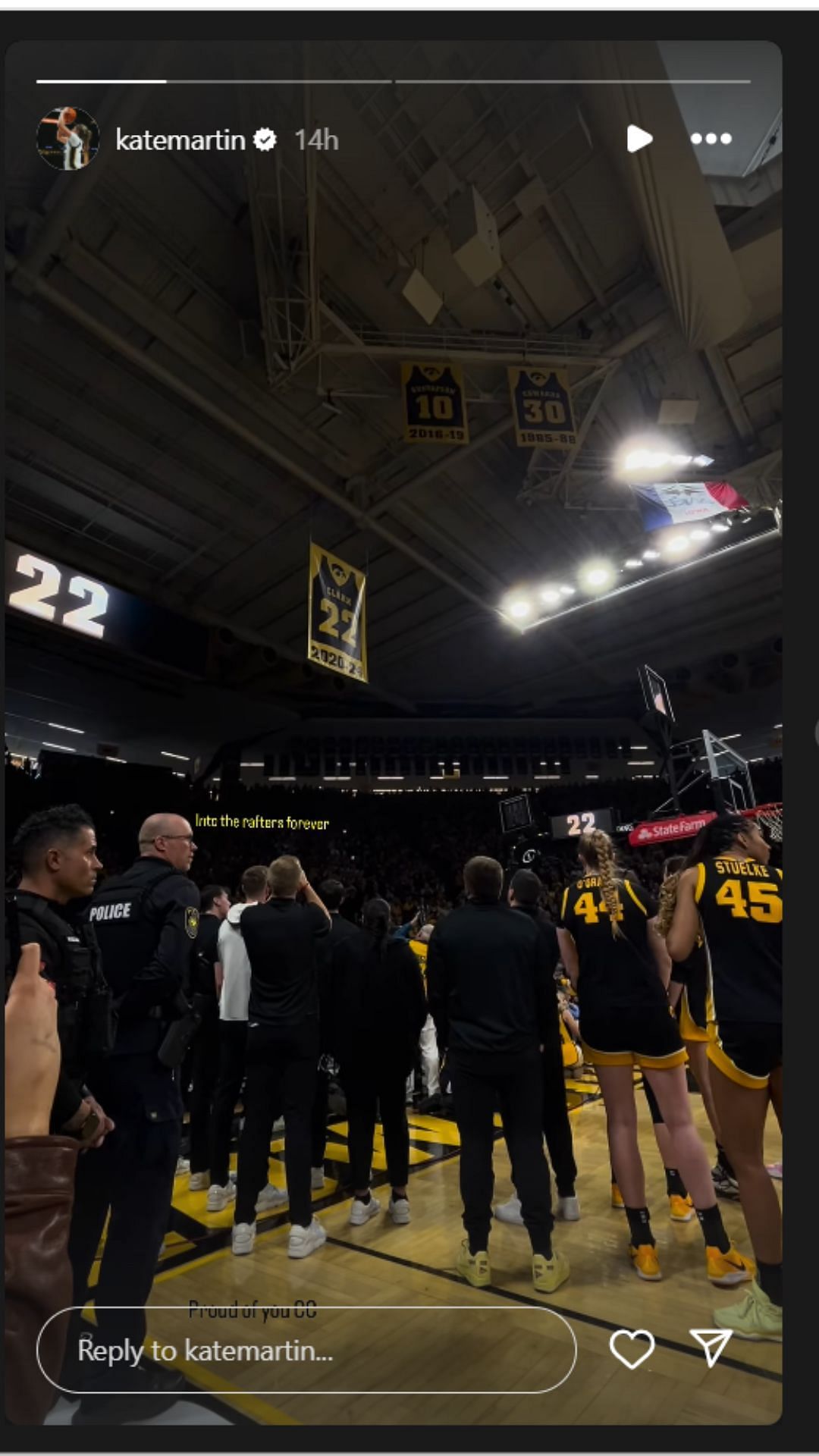 Kate Martin hails former Iowa teammate Caitlin Clark whose jersey was retired. IG image via @katemartin