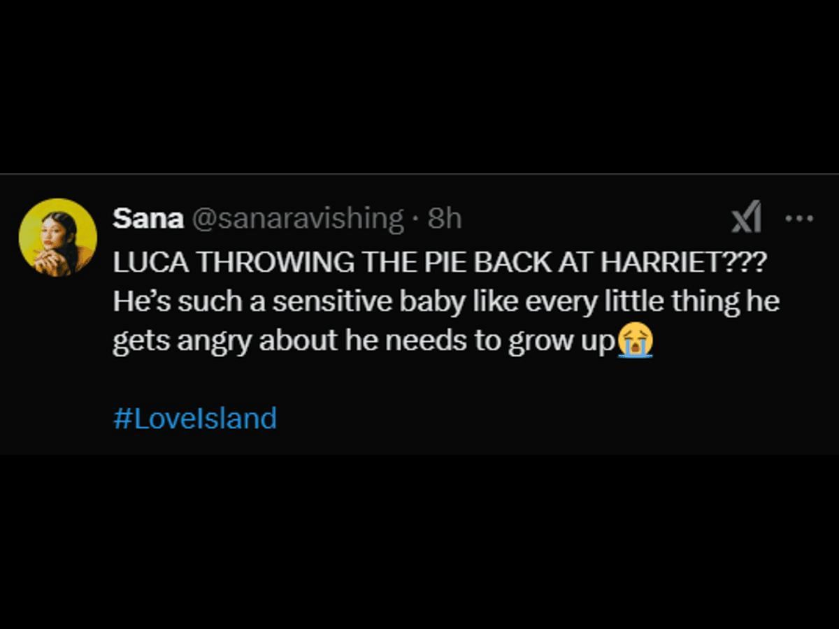 A Love Island: All Stars fan reacts to Luca&#039;s behavior during the game (Image via X/@sanaravishing)