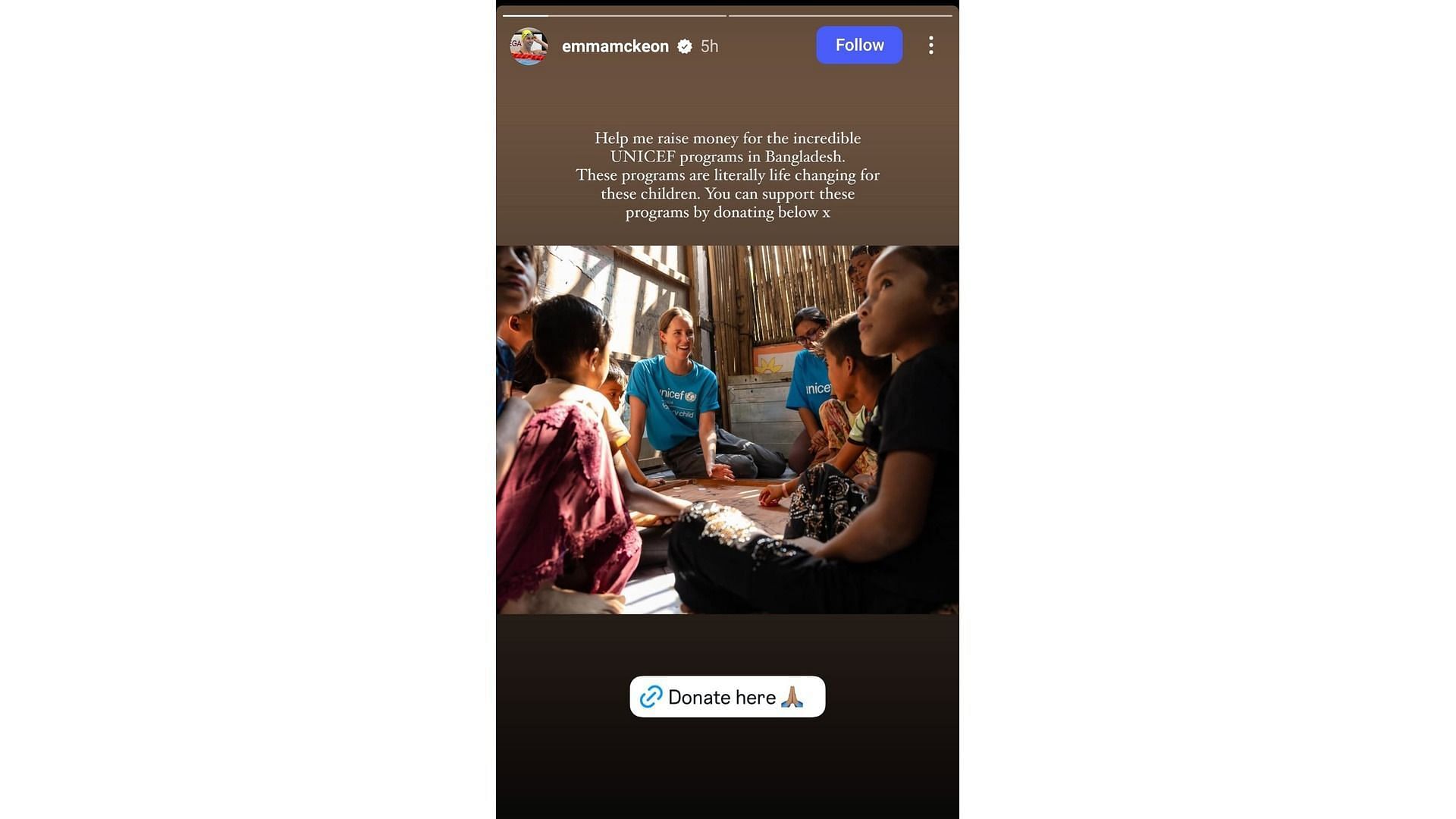 Screenshot of McKeon&#039;s Instagram story feat glimpses of her time with Bangladeshi chidren (Image via: McKeon&#039;s Instagram)