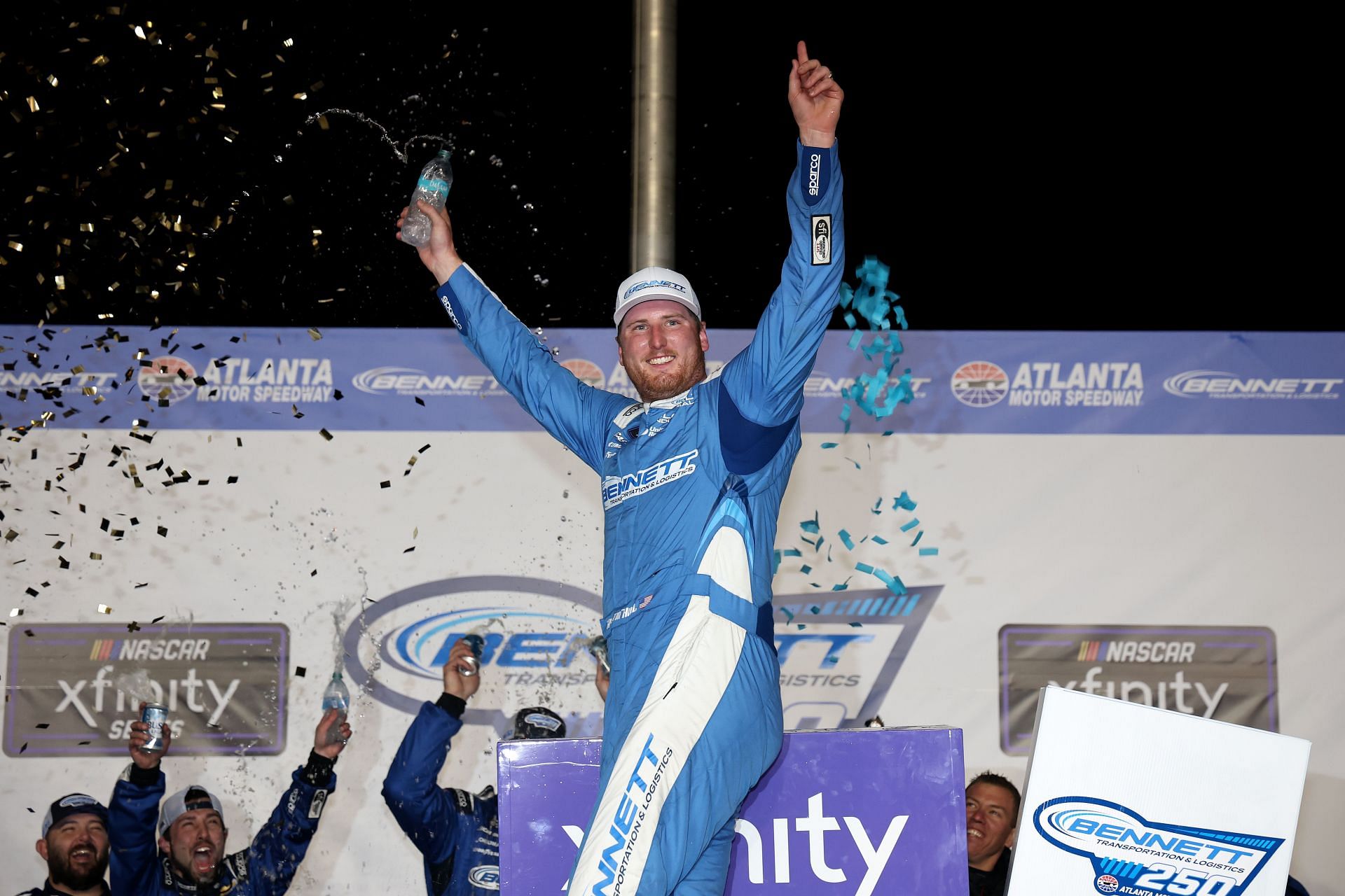 HAMPTON, GEORGIA - FEBRUARY 22: Austin Hill, driver of the #21 Bennett Transportation Chevrolet, celebrates in victory lane after winning the NASCAR Xfinity Series Bennett Transportation and Logistics 250 at Atlanta Motor Speedway on February 22, 2025 in Hampton, Georgia. (Photo by Chris Graythen/Getty Images) - Source: Getty