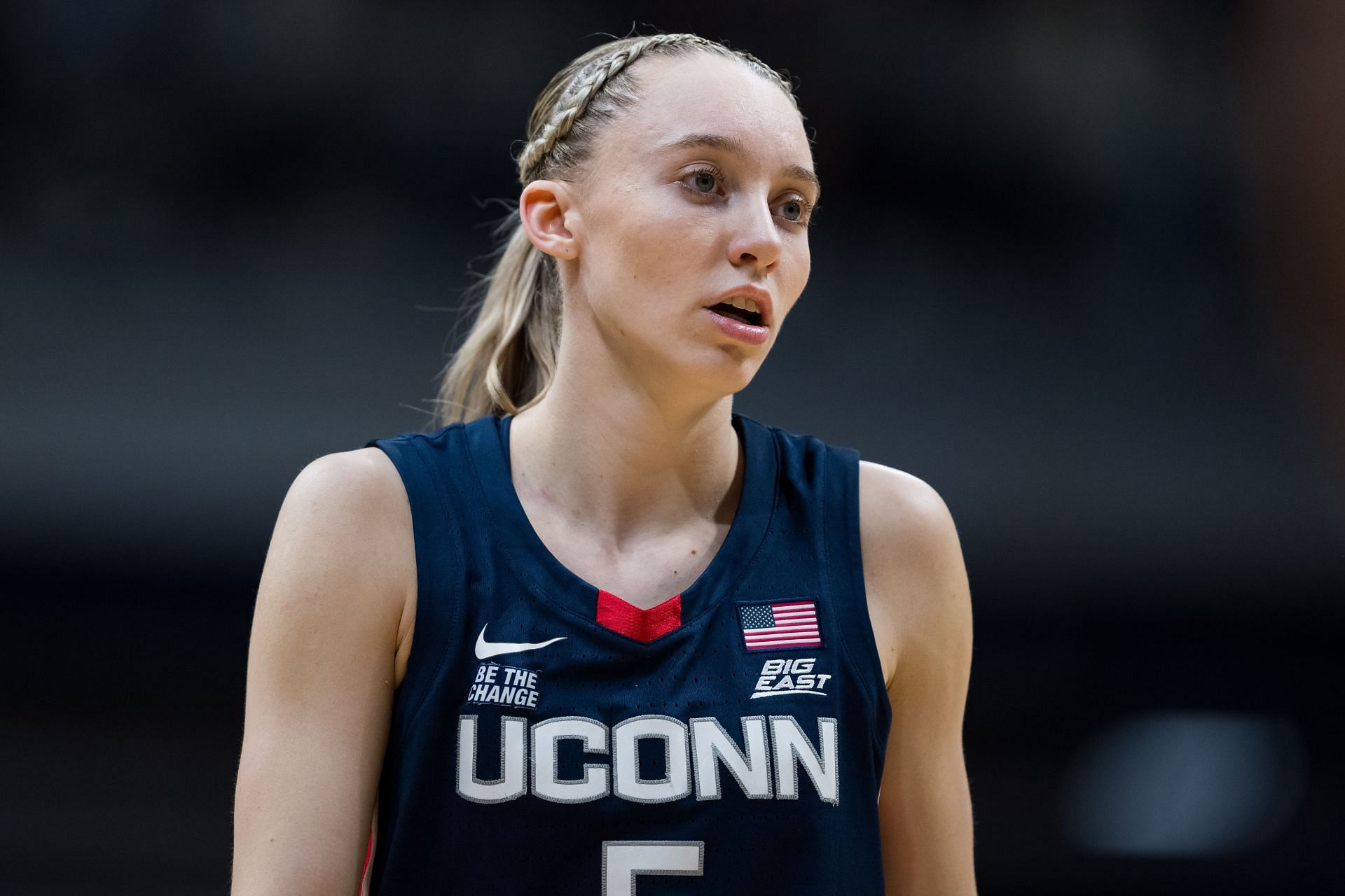 UConn Huskies guard Paige Bueckers (#5) looks to the sidelines during the game against the Butler Bulldogs on February 22, 2025, at Hinkle Fieldhouse in Indianapolis. Photo: Getty