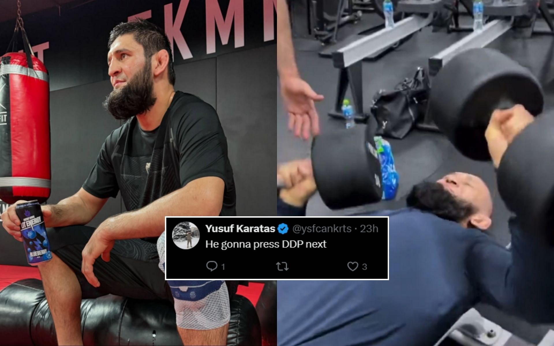 Fans react (Insert) to Khamzat Chimaev (left) pressing 50kg dumbells (right). [Image credit: @khamzat_chimaev oon Instagram, @schwick6 on X]