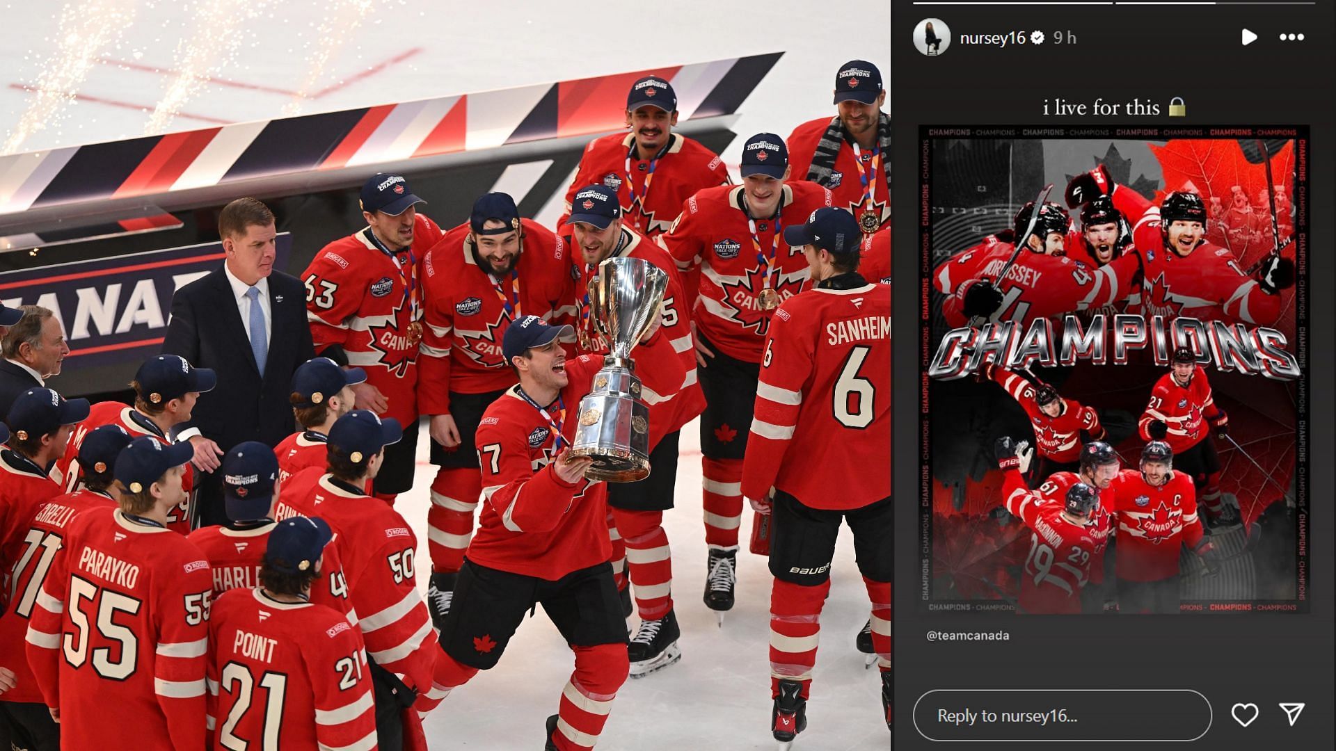 Team Canada forward Sidney Crosby (87) lifts the 4 Nations Face-Off trophy. (Credit: IMAGN, IG/@nursey16)