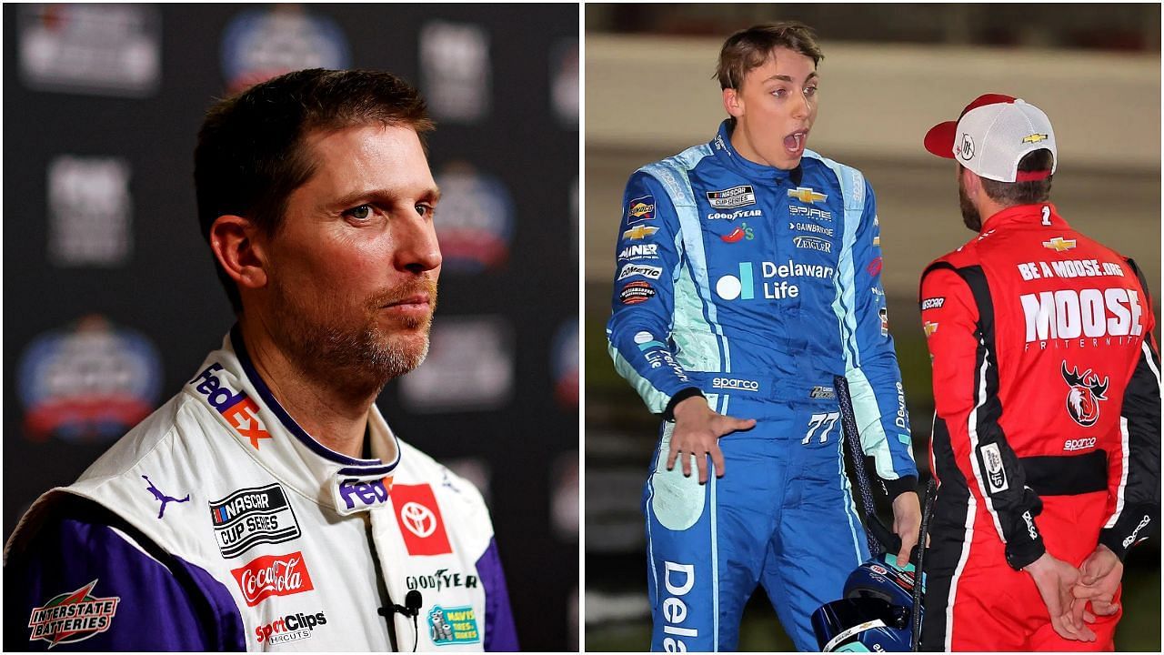 Denny Hamlin (L), Carson Hocevar and Ross Chastain (R), Imagn