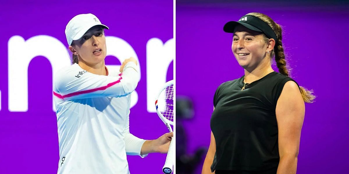 Iga Swiatek (left) and Jelena Ostapenko (right) during their semifinal match at the 2025 Qatar TotalEnergies Open (Sources: Getty)