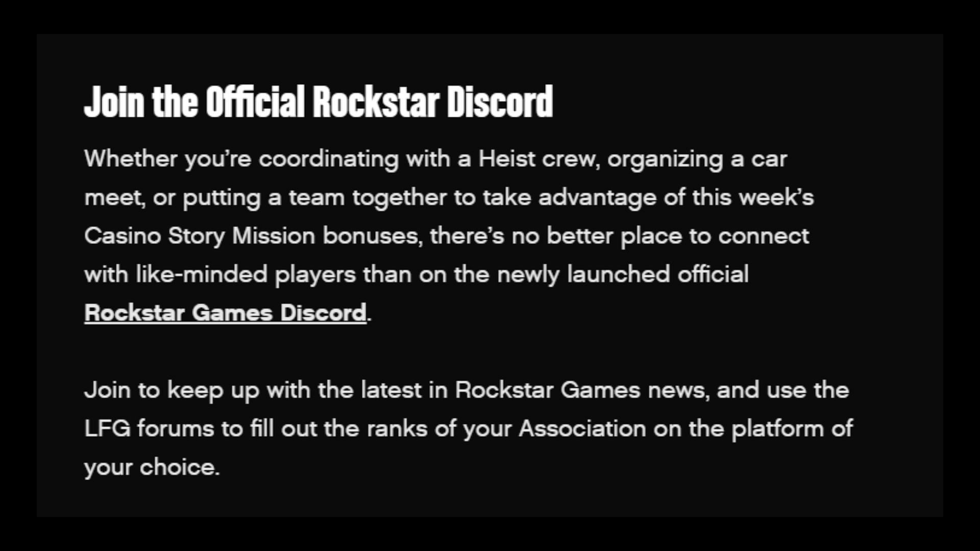 Rockstar&#039;s announcement of its official Discord server in a Newswire post (Image via Rockstar Games)