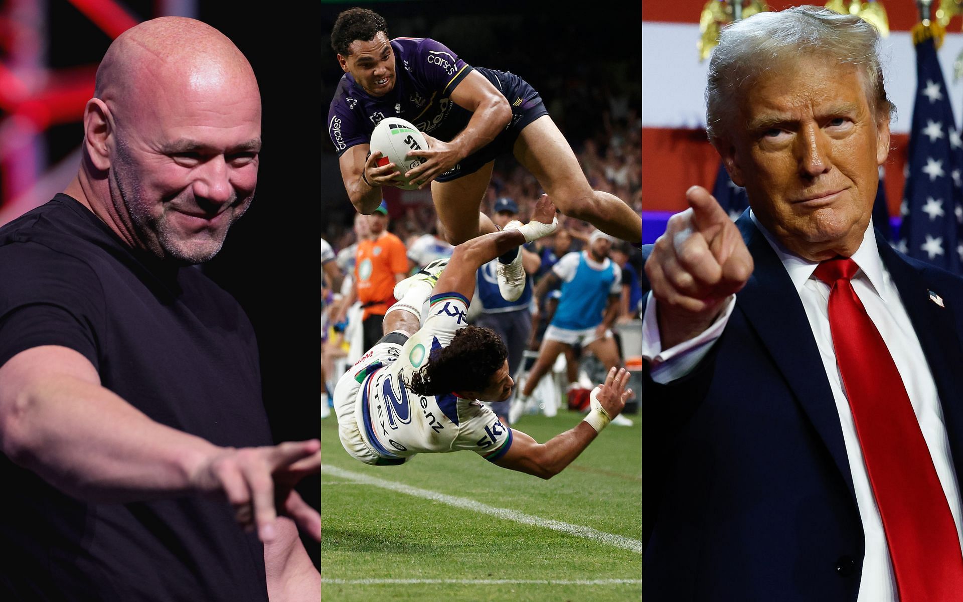 Dana White (left) and Donald Trump (right) were recently invited by the NRL to enjoy some rugby action (middle) [Images courtesy: Getty Images]