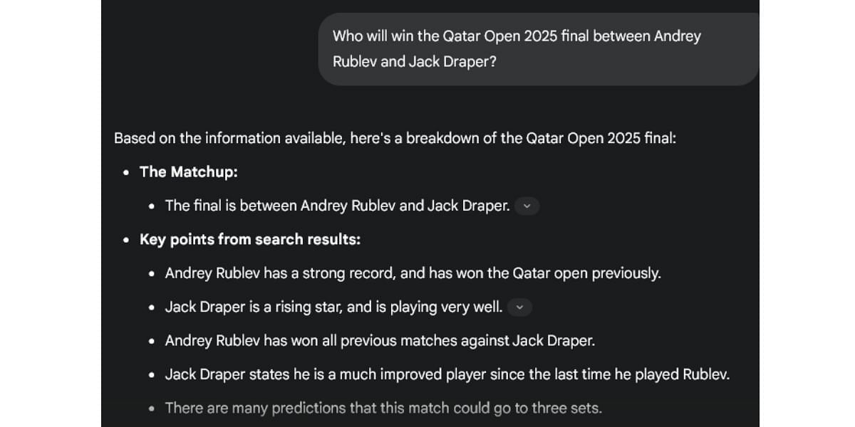 Gemini AI prediction for the Qatar Open 2025 final between Andrey Rublev vs Jack Draper. (Source: Gemini AI)