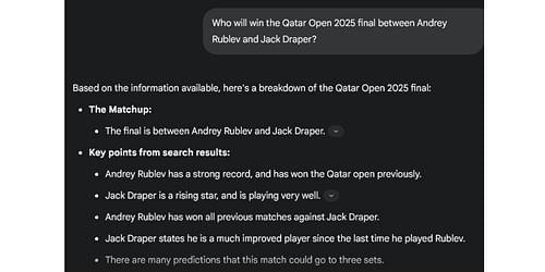 Gemini AI prediction for the Qatar Open 2025 final between Andrey Rublev vs Jack Draper. (Source: Gemini AI)