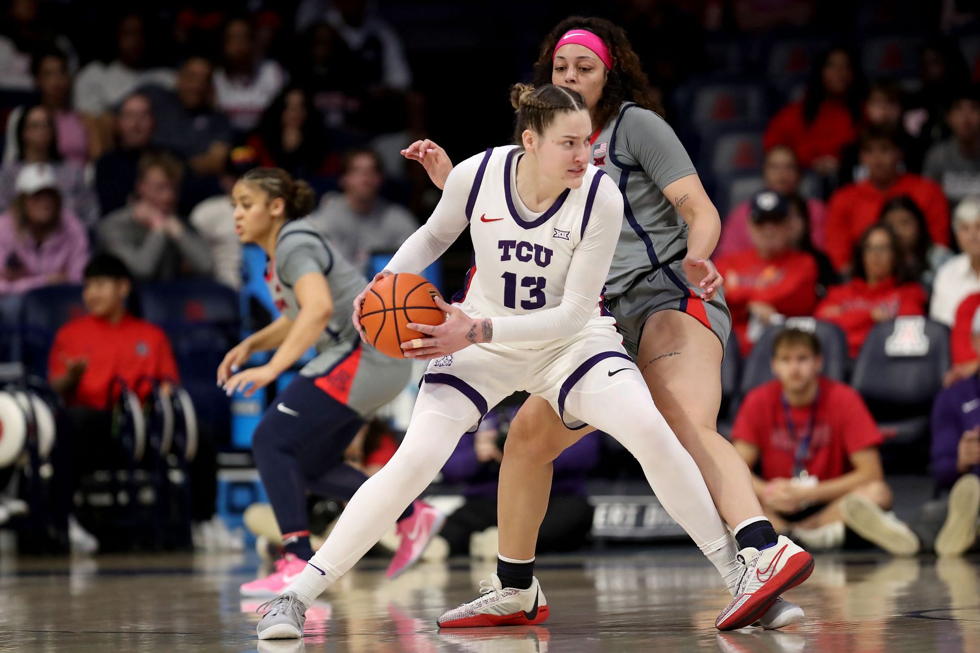 TCU Horned Frogs center Sedona Prince (#13) in action during the first half against the Arizona Wildcats on February 16, 2025, at McKale Center. Photo: Getty