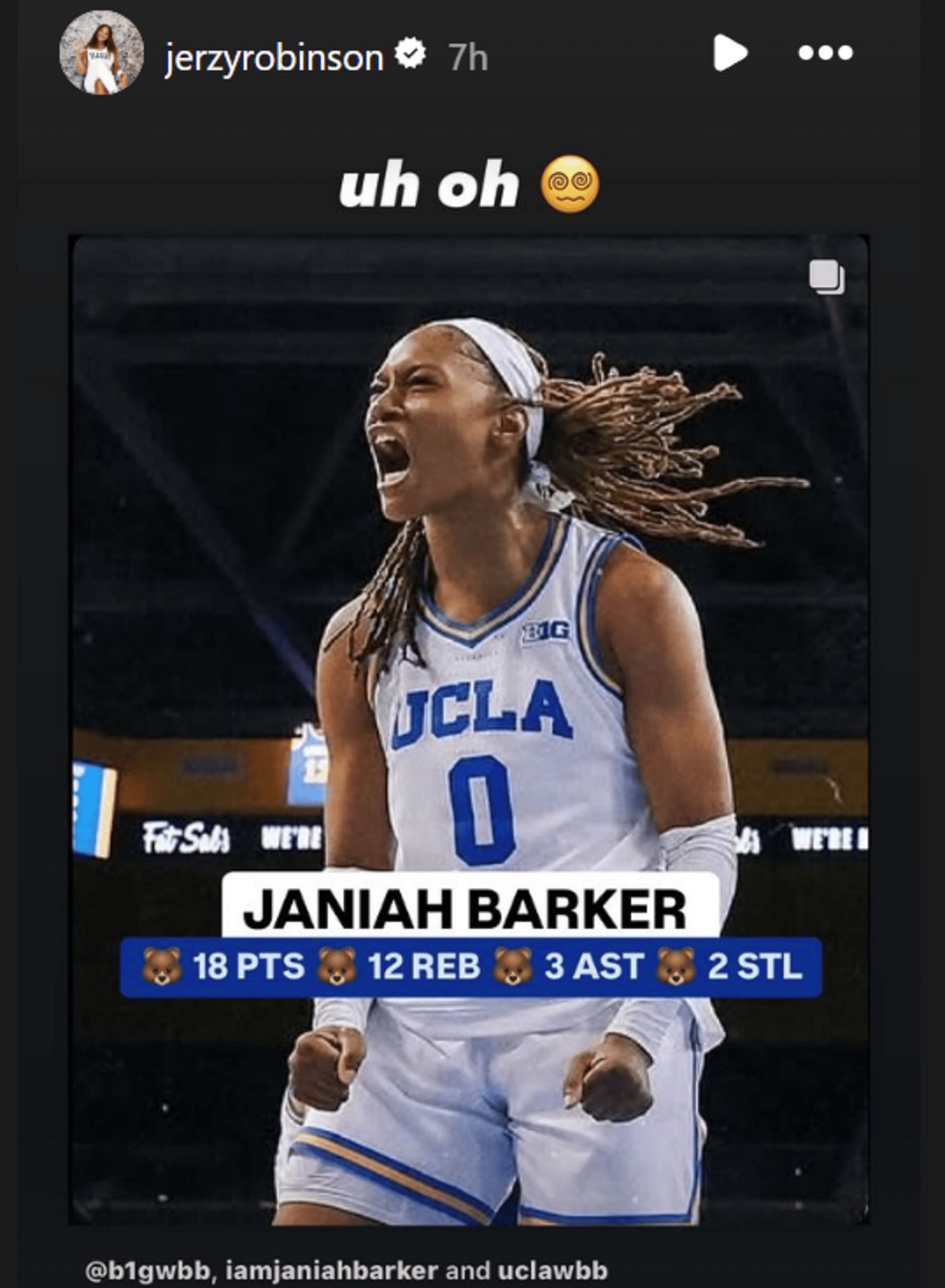 Jerzy Robinson reacts to Janiah Barker&#039;s double-double performance vs. Michigan State (Source: Instagram/ jerzyrobinson)