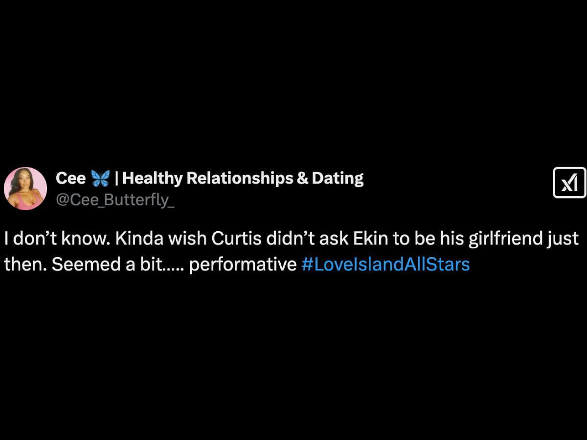 Love Island: All Stars fans react to Curtis asking Ekin to be his girlfriend (Image via X/@Cee_Butterfly_)