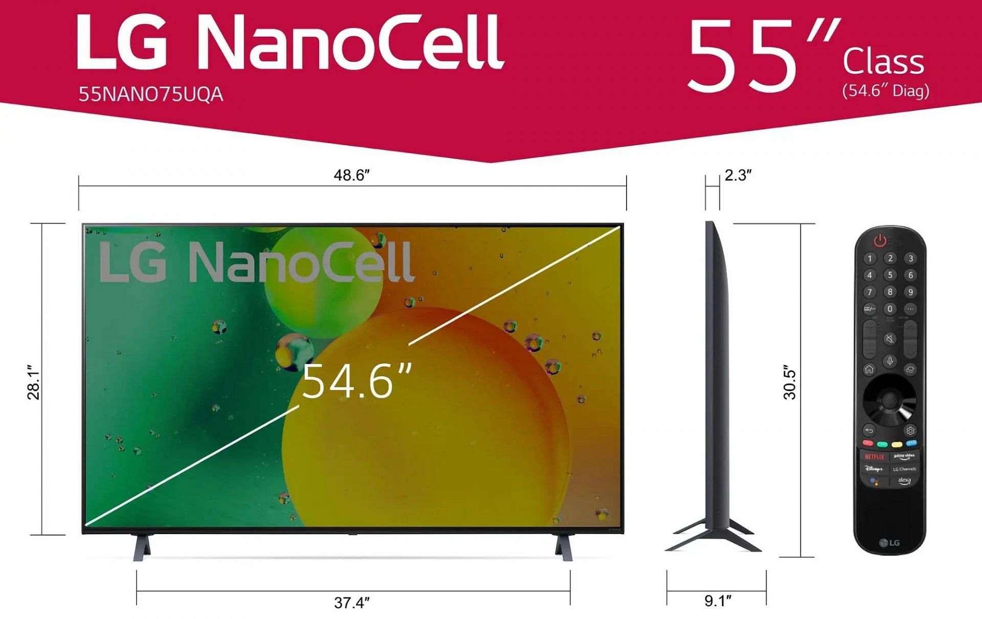 LG NanoCell 75UQA TV&#039;s dimensions (Image via LG)