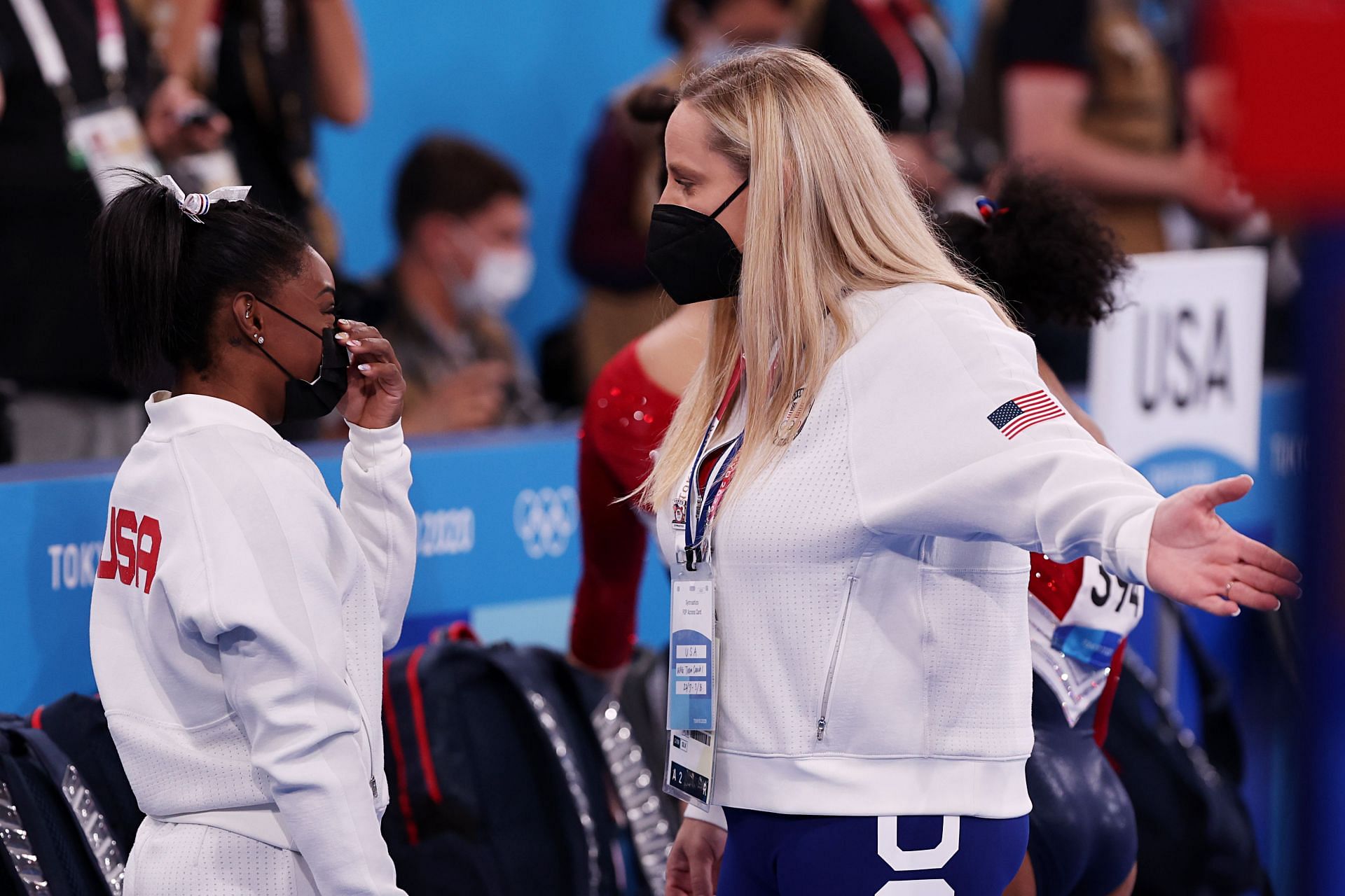 Cecile Landi (right) with Simone Biles after the team finals on the day four of the 2020 Tokyo Olympics (Image via: Getty Images)