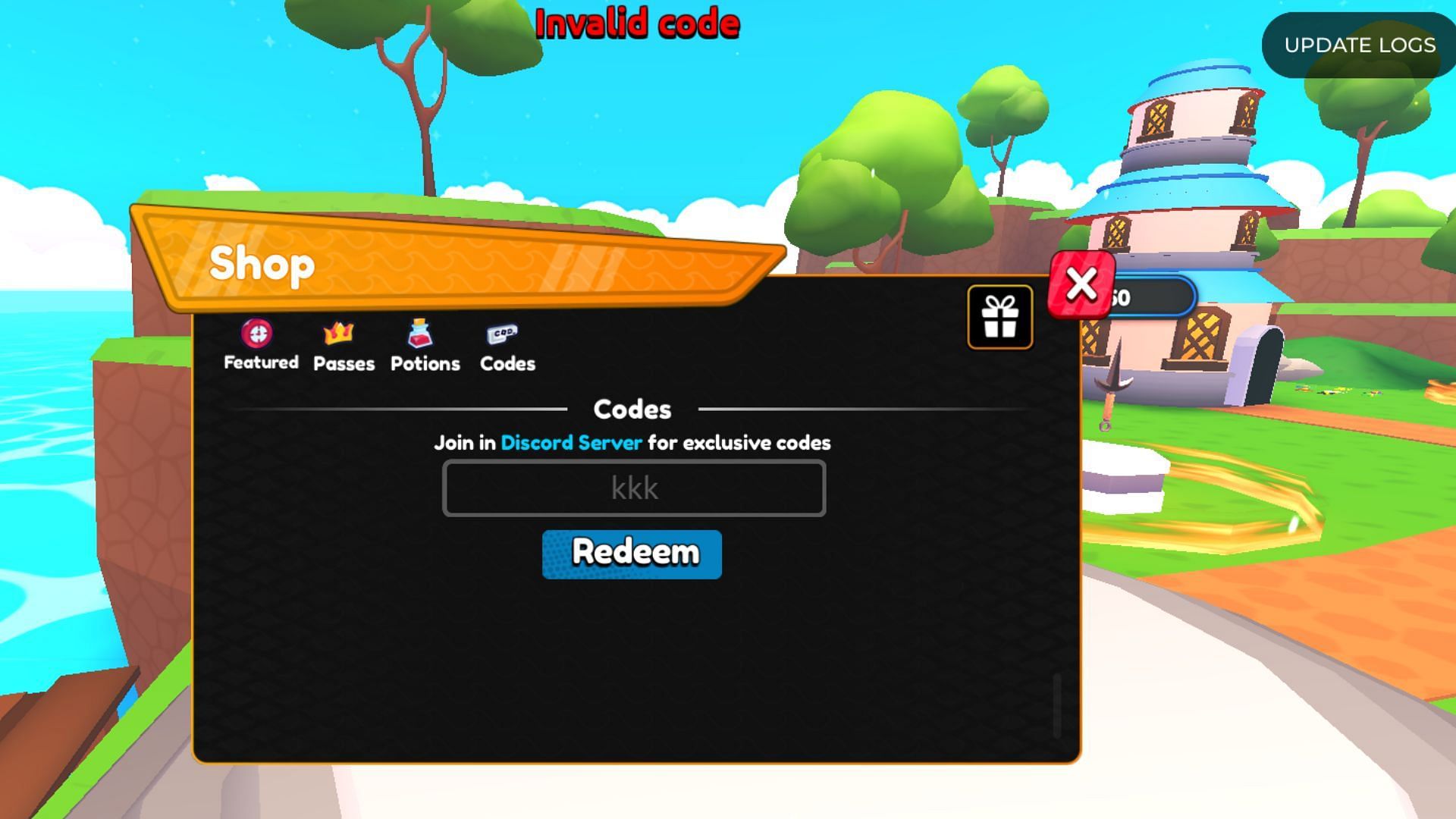 Invalid code error in Anime Waves X (Image via Roblox)