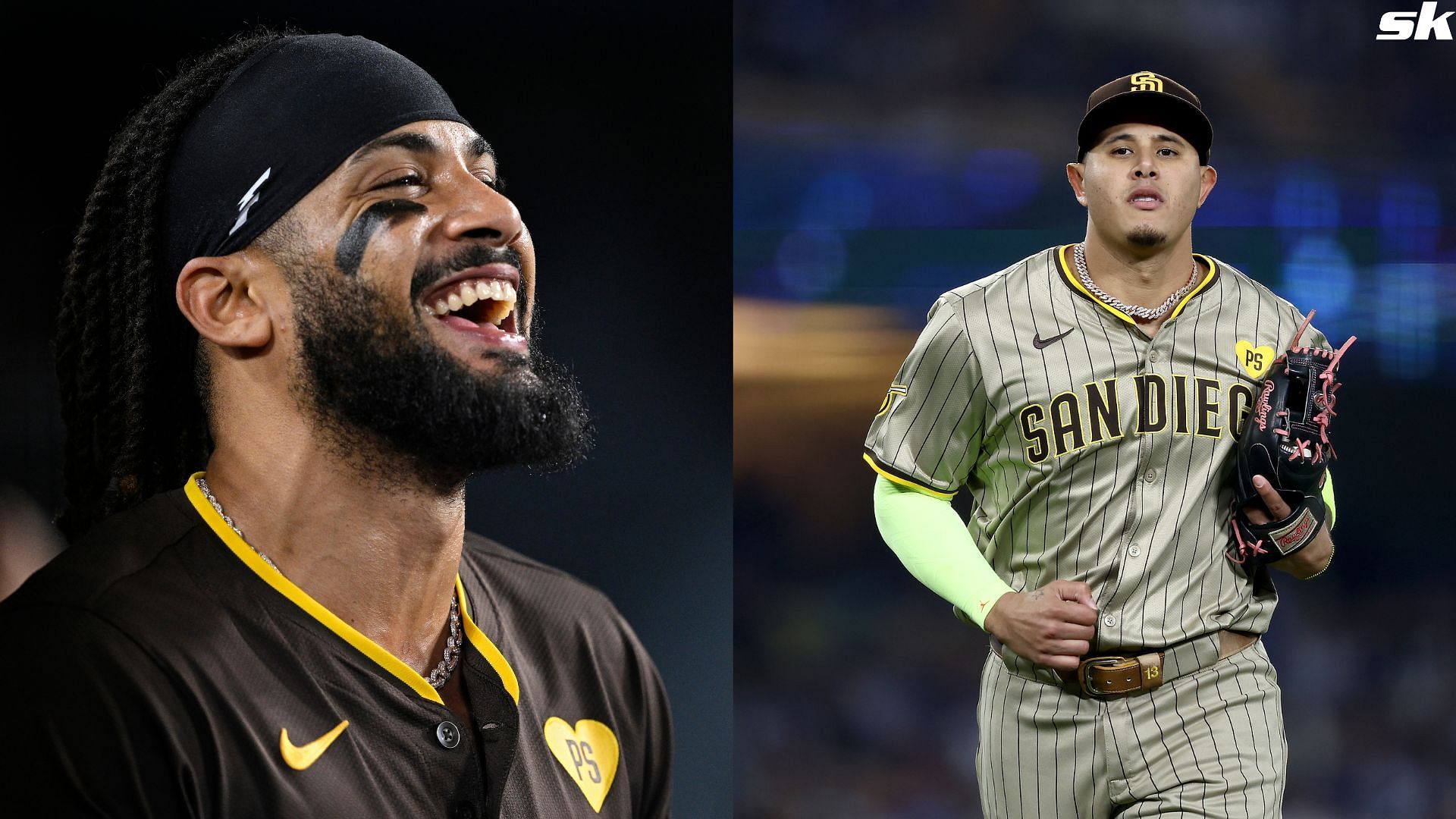 Fernando Tatis Jr. of the San Diego Padres celebrates after scoring in the sixth inning of Game 2 of the NLDS against the Los Angeles Dodgers at Dodger Stadium (Source: Getty)