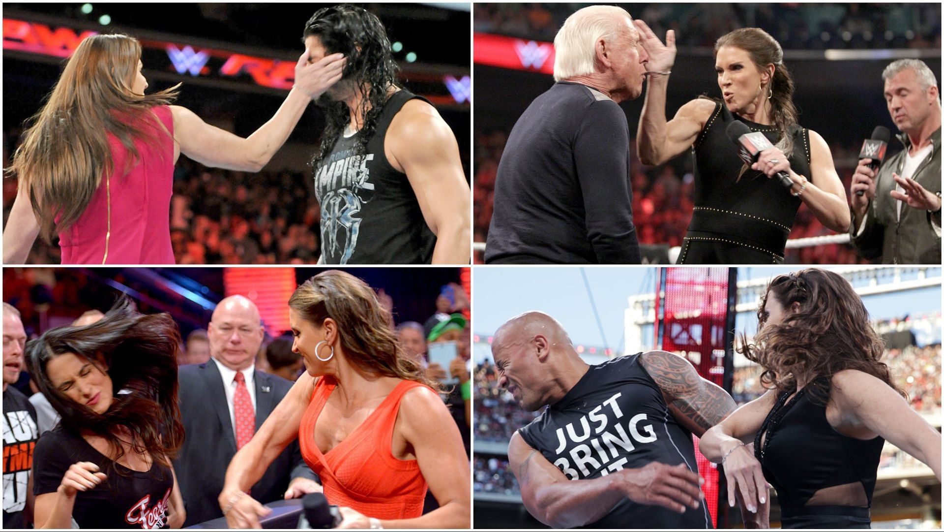 Stephanie McMahon slaps Roman Reigns, Ric Flair, Brie Bella, and The Rock