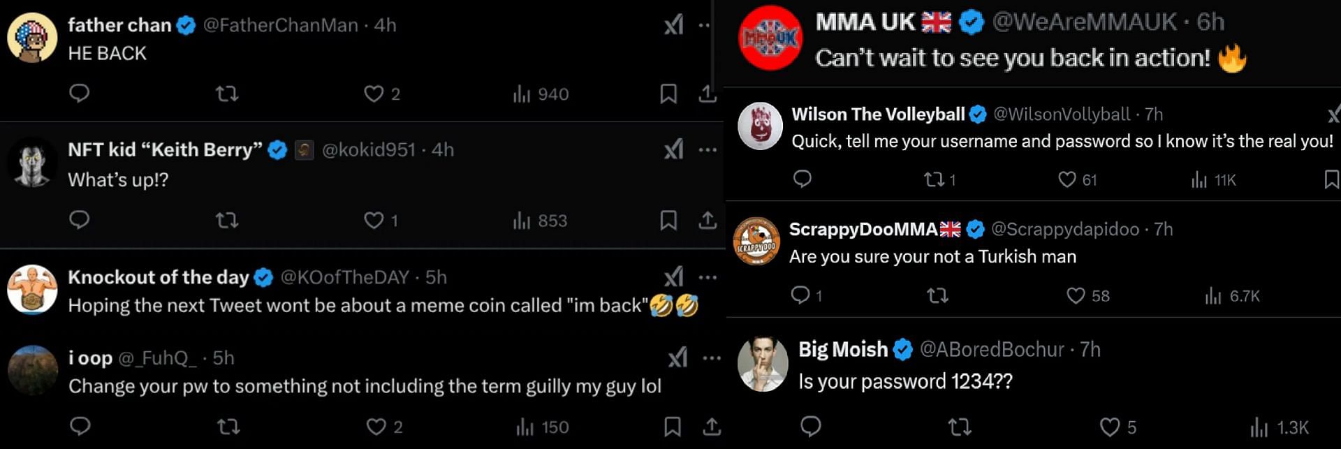 Fan reactions to Dustin Poirier regaining X account. [Screenshots via @DustinPoirier on X]