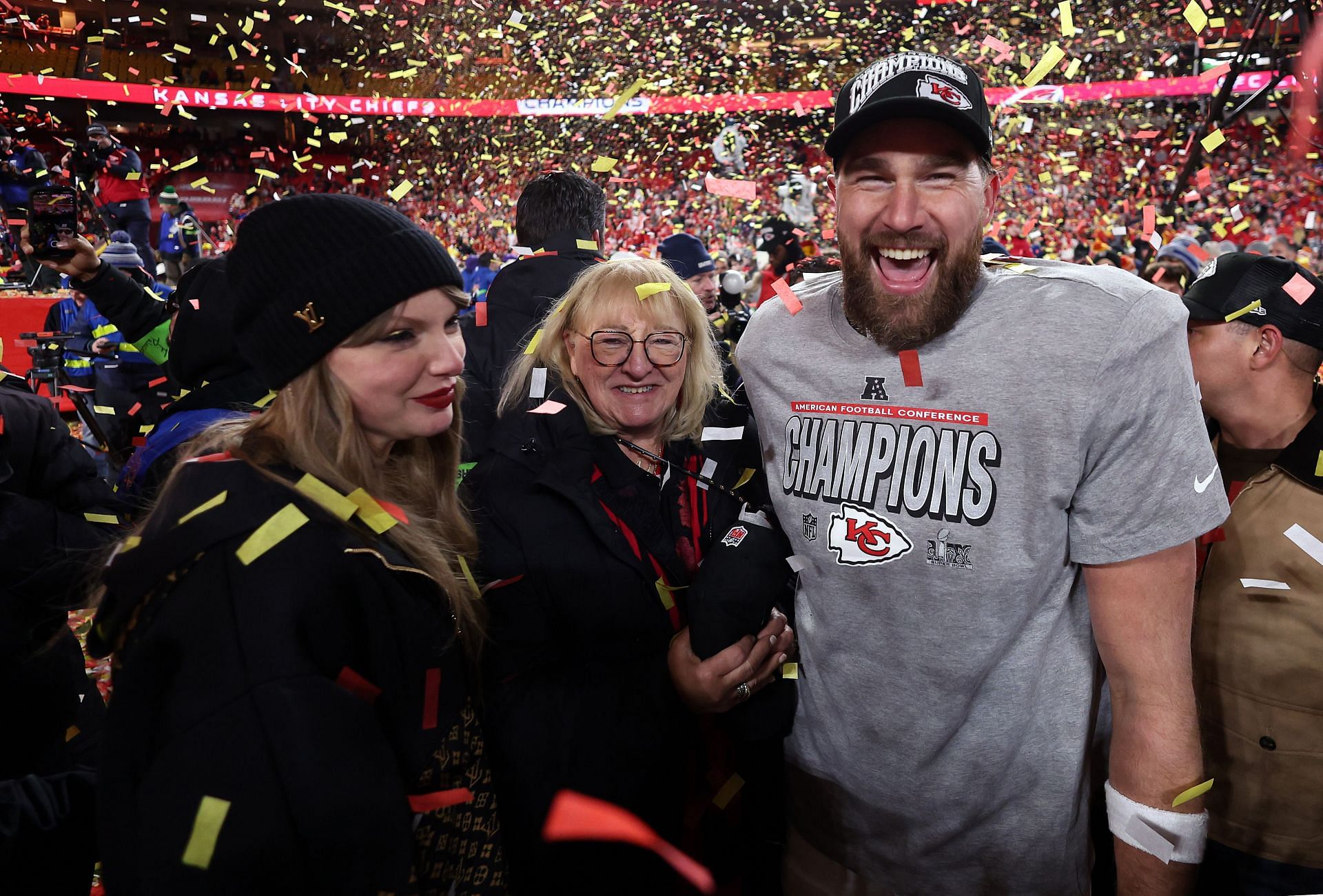 Travis Kelce #87 of the Kansas City Chiefs celebrates with Taylor Swift and mother Donna Kelce after the Chiefs defeated the Buffalo Bills 32-29 to win the AFC Championship Game - Source: Getty