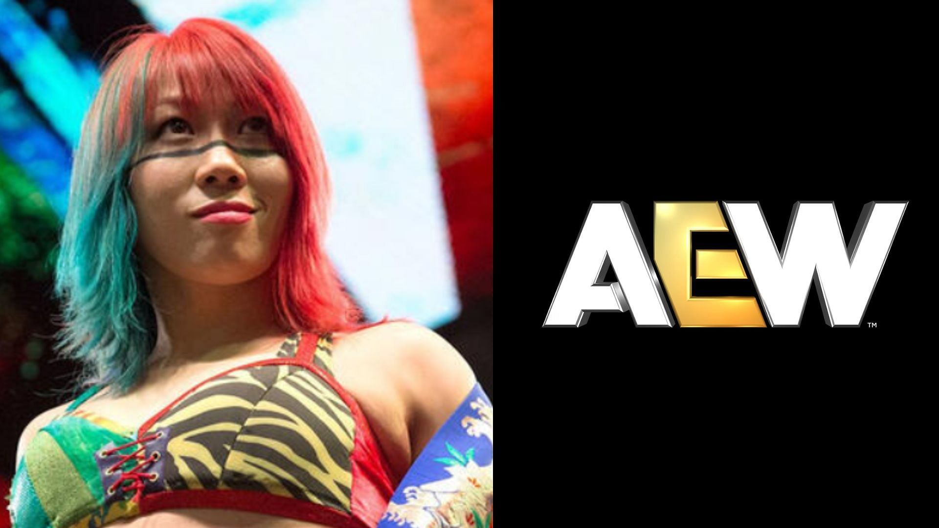 Asuka is currently sidelined due to injury. (Image via WWE.com and AEW Facebook) 