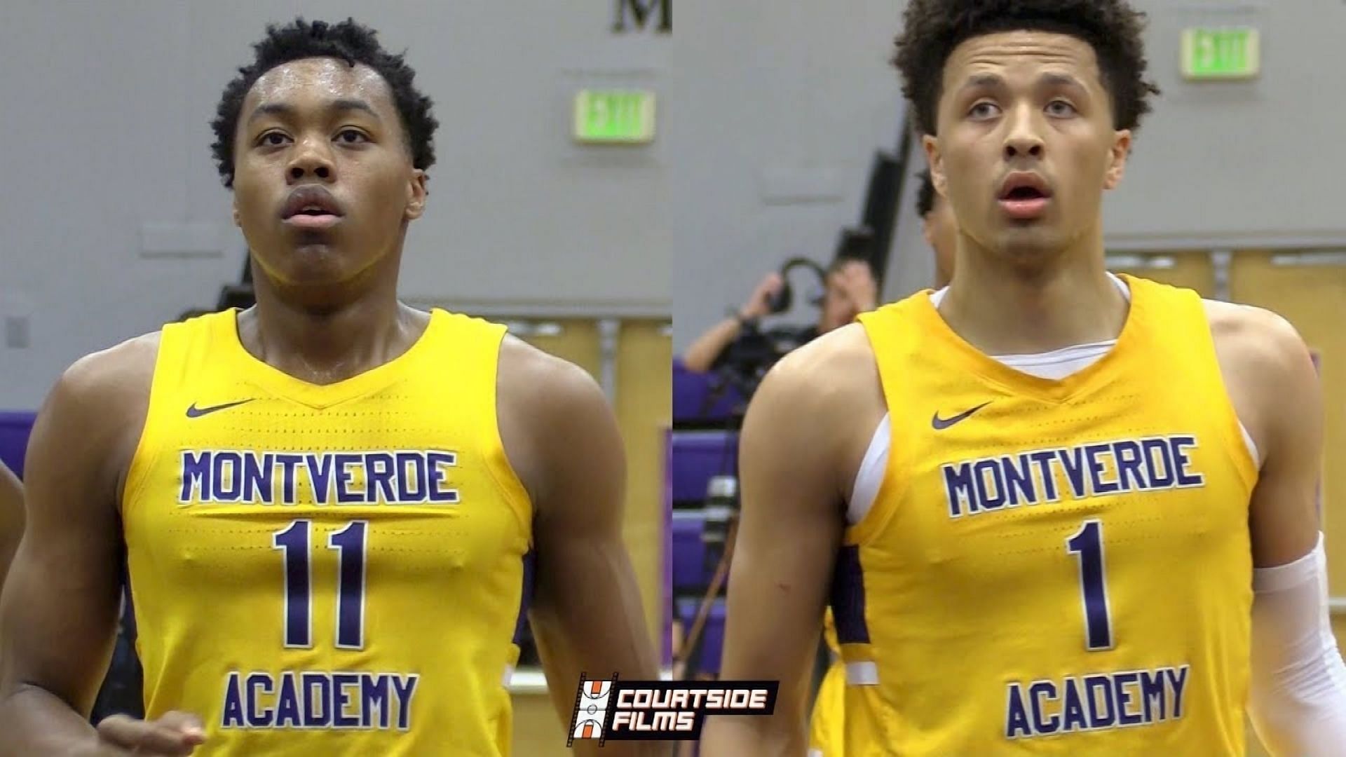 Scottie Barnes (#11) and Cade Cunningham (#1) in their Montverde Academy yellow jerseys during a high school basketball game. Both players look focused as they dominate the court for one of the best high school teams ever.