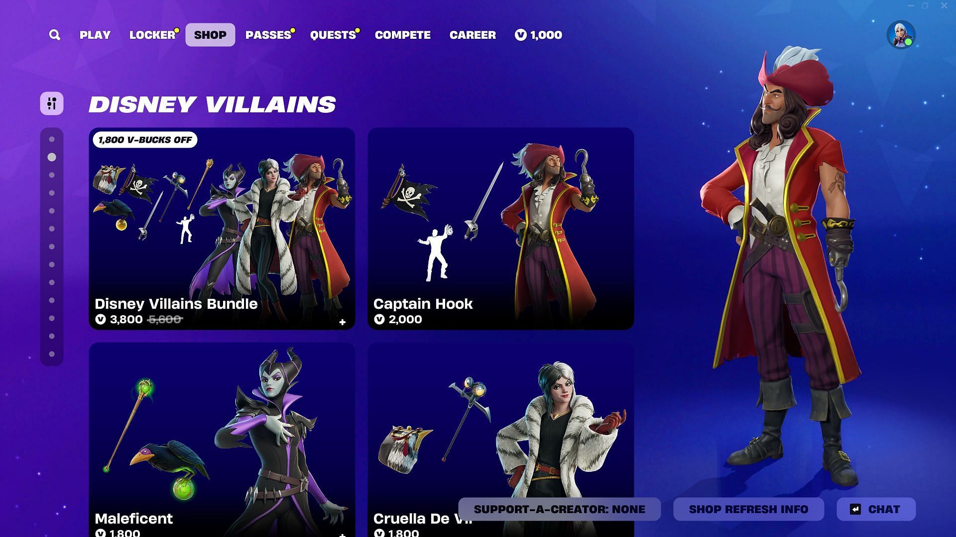 You can now purchase Captain Hook, Maleficent, and Cruella De Vil (Disney Villains) skins in Fortnite (Image via Epic Games)