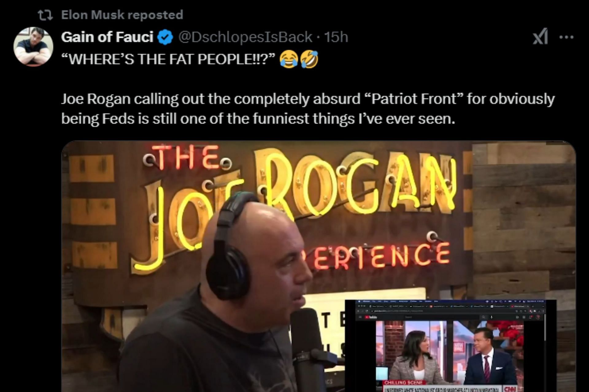 Screenshot of Elon Musk&#039;s re-tweeting Joe Rogan&#039;s clip [Image Source @elonmusk on X]