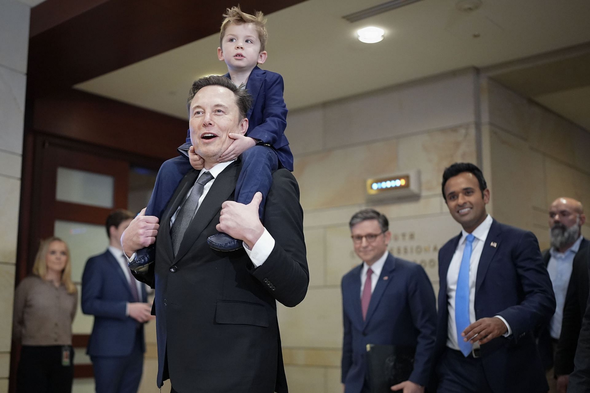 Speaker Johnson Speaks To The Media Before Meeting With Elon Musk And Vivek Ramaswamy At The Capitol - Source: Getty