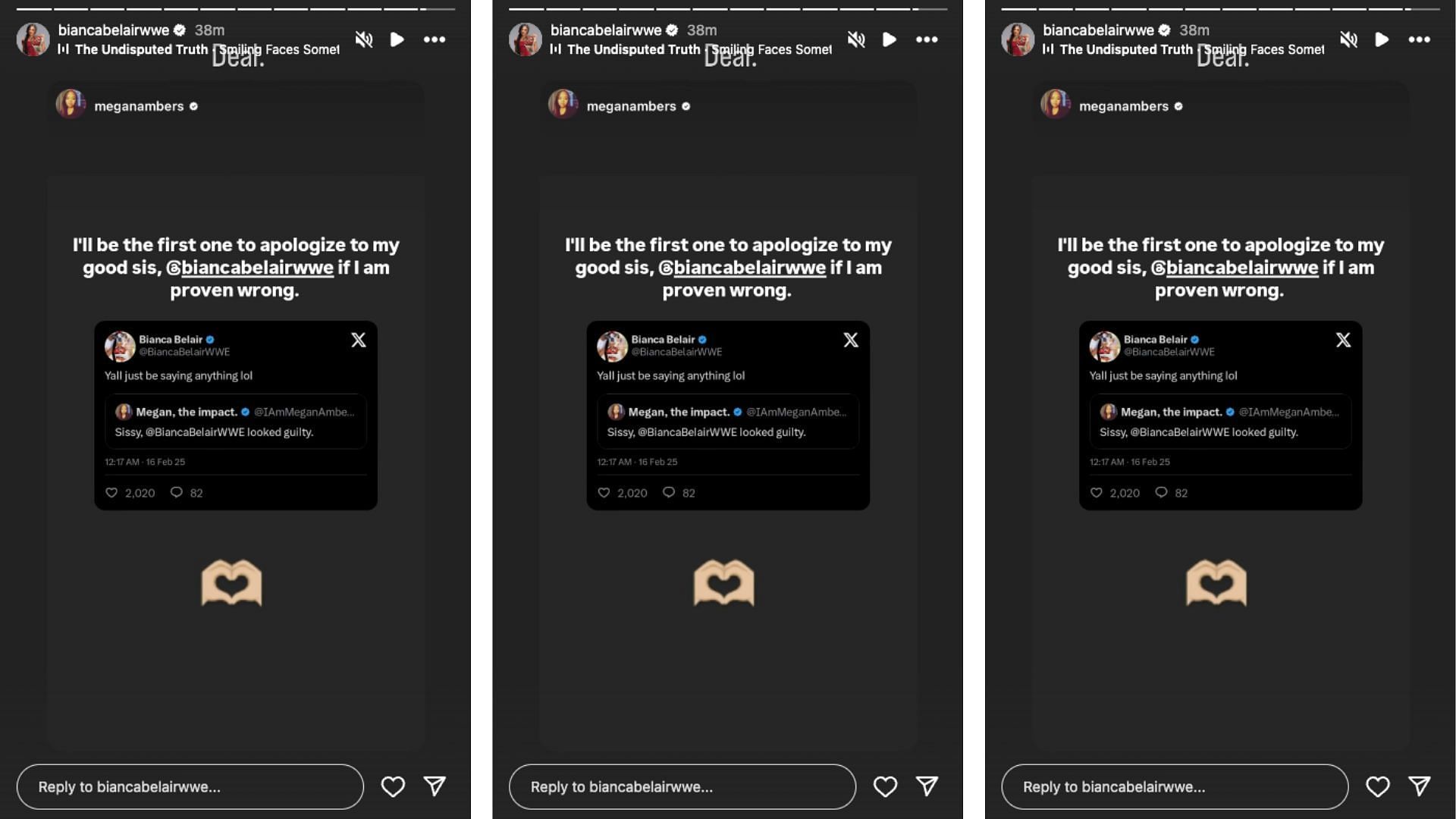 Bianca Belair reacts to being accused of being responsible for the attack on Jade Cargill. [Image credit: Screenshot of Belair&#039;s Instagram story]