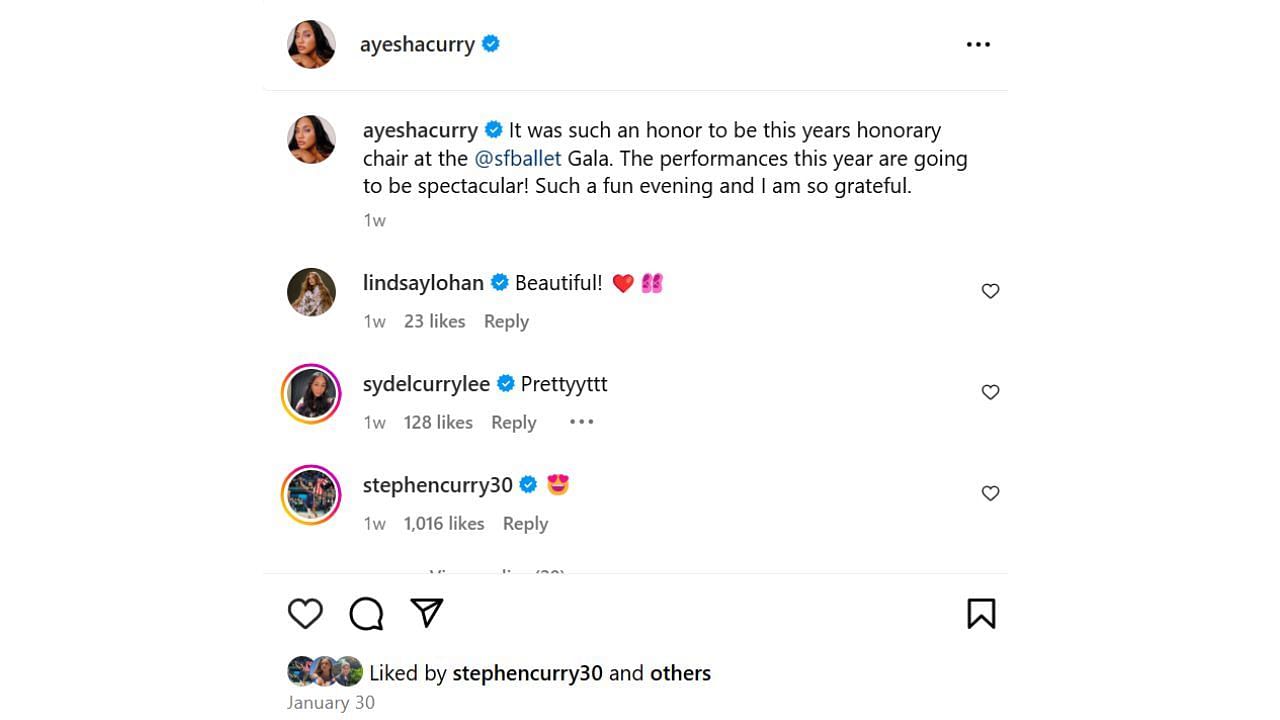 Steph Curry, Sydel Curry-Lee and Lindsay Lohan reactions to Ayesha Curry being named as honorary chair of the San Francisco Ballet. [photo: @ayeshacurry/IG]