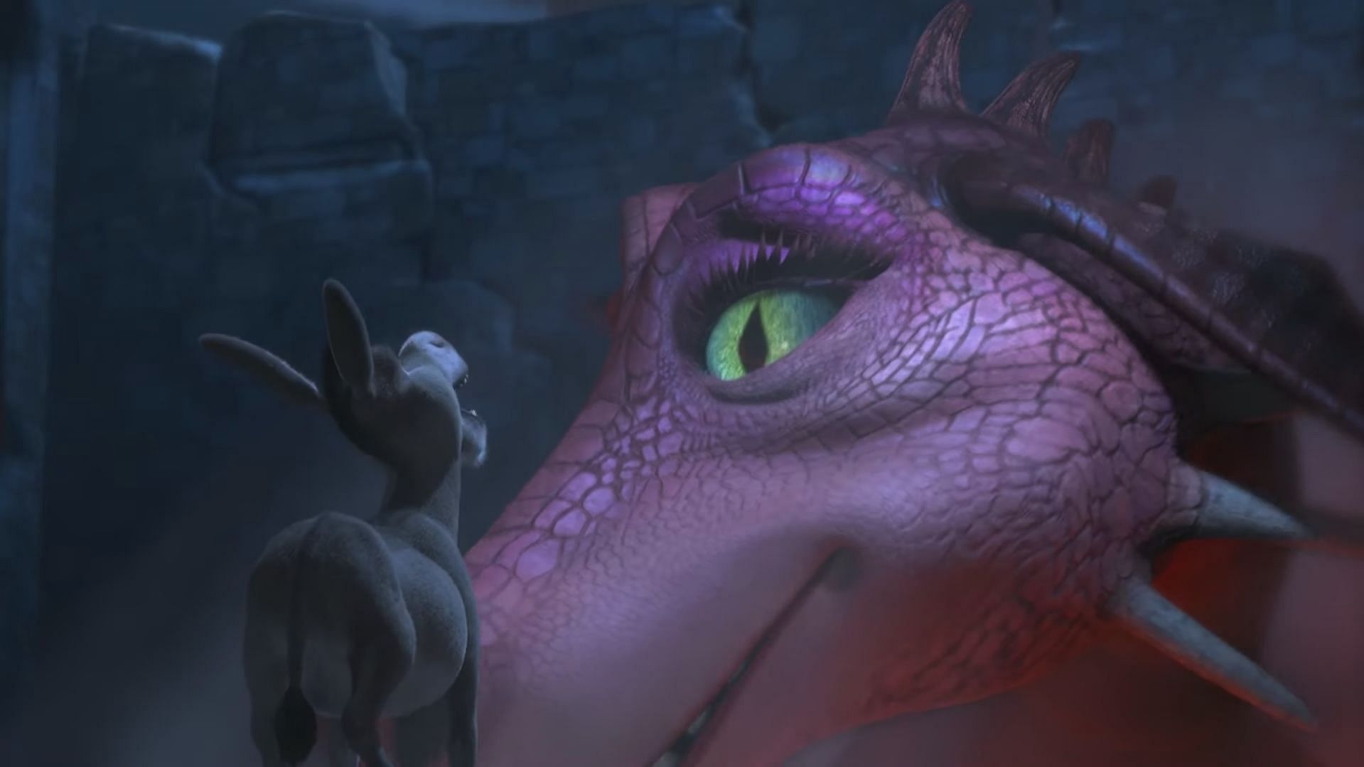 A still from Shrek, when Donkey charms the dragon. (Image via Apple TV)