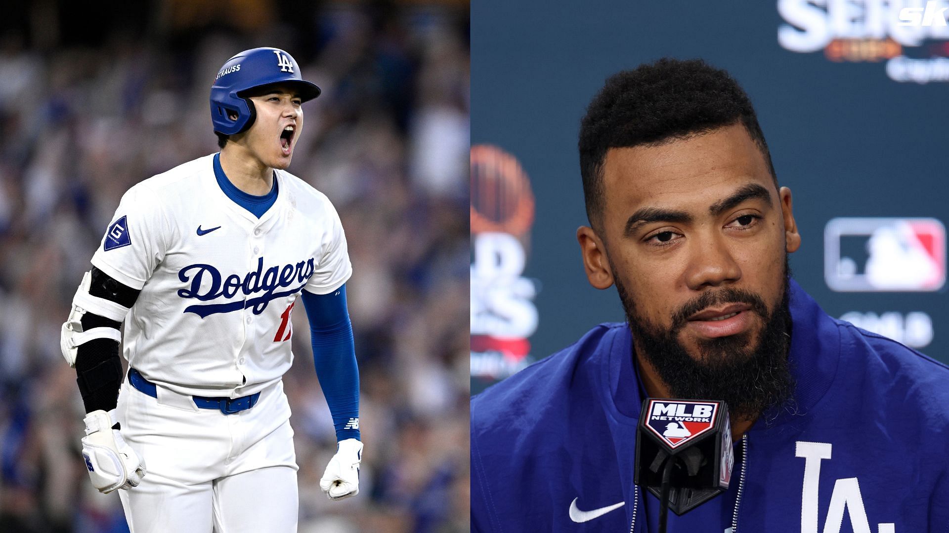 Teoscar Hern&aacute;ndez of the Los Angeles Dodgers speaks to the media during a press conference prior to playing the New York Yankees during Game Five of the 2024 World Series (Source: Getty)