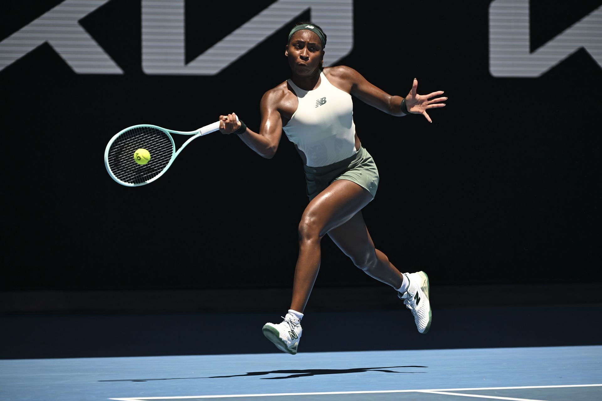 Gauff plays a running forehand in the 2025 Australian Open - Source: Getty