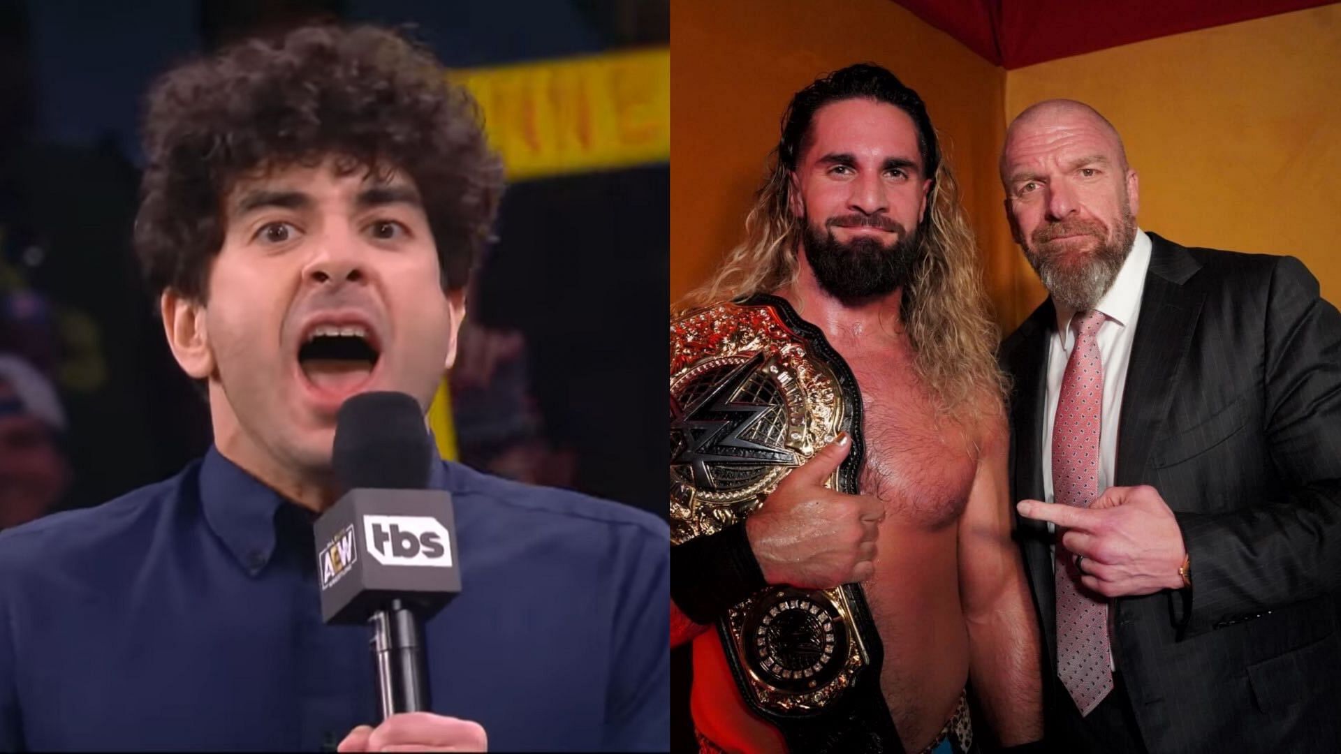 Tony Khan (left) and Seth Rollins and Triple H (right) (Image credits: AEW&rsquo;s YouTube YouTube and Triple H&rsquo;s X)