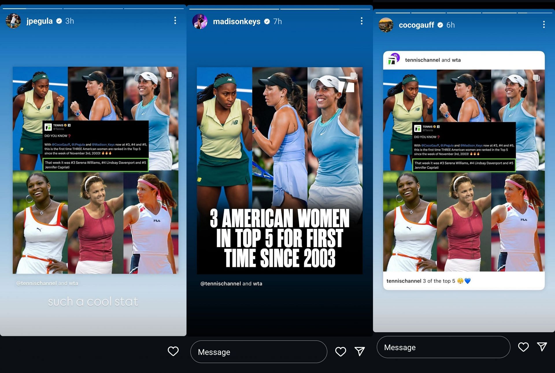 Screengrab of Jessica Pegula, Coco Gauff &amp; Madison Keys&#039; Instagram stories