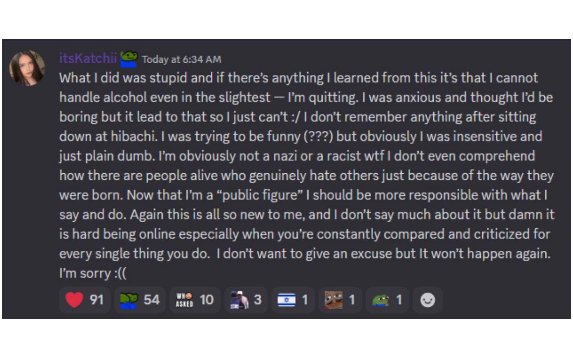 Streamer itsKatchii&#039;s Discord message (Image via @Awk20000/X)