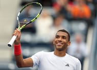 Felix Auger-Aliassime of Canada celebrates victory over Marin Cilic of Croatia in their quarter final match during day twelve of the Dubai Duty Free Tennis Championships- Day Twelve - Source: Getty
