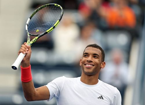 Felix Auger-Aliassime of Canada celebrates victory over Marin Cilic of Croatia in their quarter final match during day twelve of the Dubai Duty Free Tennis Championships- Day Twelve - Source: Getty