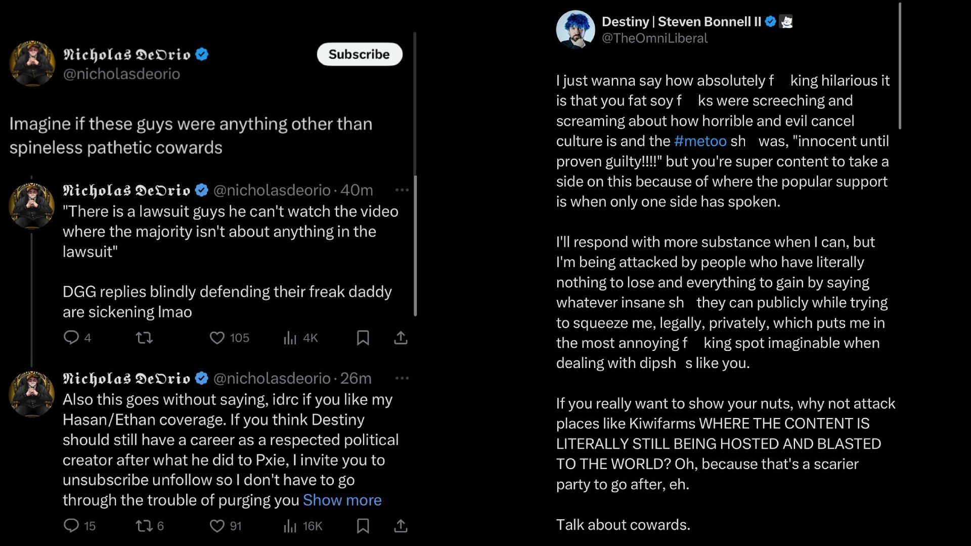 Nicholas DeOrio&#039;s initial posts on X (left) and Destiny&#039;s response (right) [Image via @Awk20000/X]