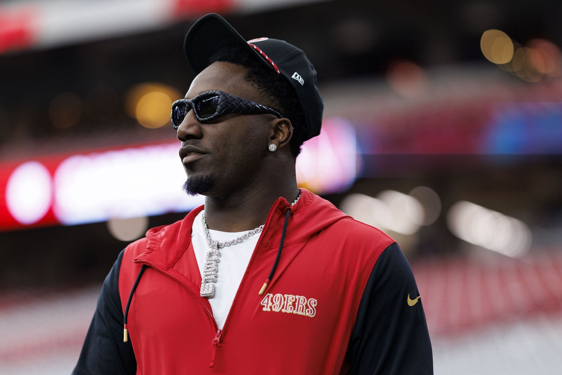 GLENDALE, ARIZONA - JANUARY 5: Wide receiver Deebo Samuel Sr. #1 of the San Francisco 49ers stands on the field prior to an NFL football game against the Arizona Cardinals at State Farm Stadium on January 5, 2025 in Glendale, Arizona. (Photo by Brooke Sutton/Getty Images) - Source: Getty