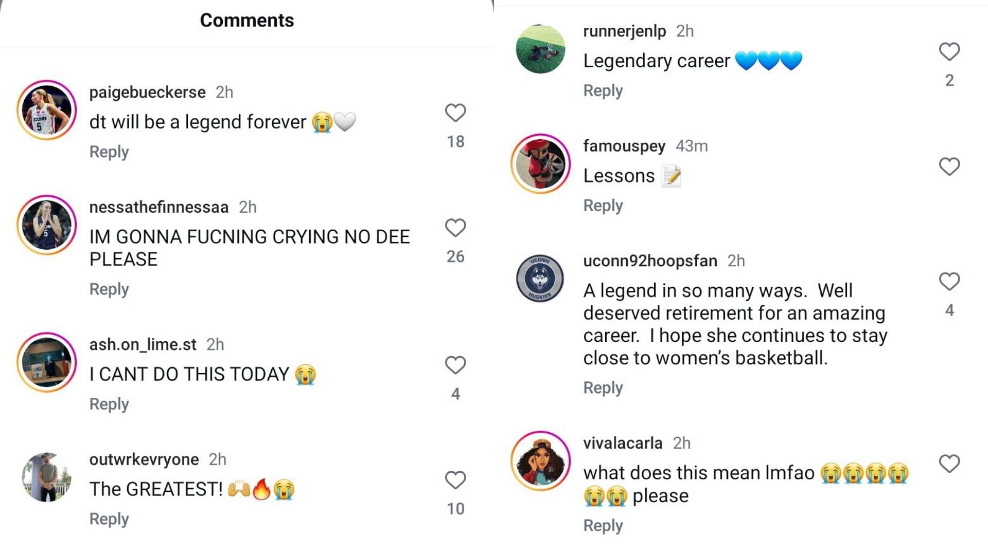 Fans paid tribute to UConn legend Diana Taurasi on Instagram after the Phoenix Mercury star announced her retirement from basketball. Source: Instagram/@uconnwbb