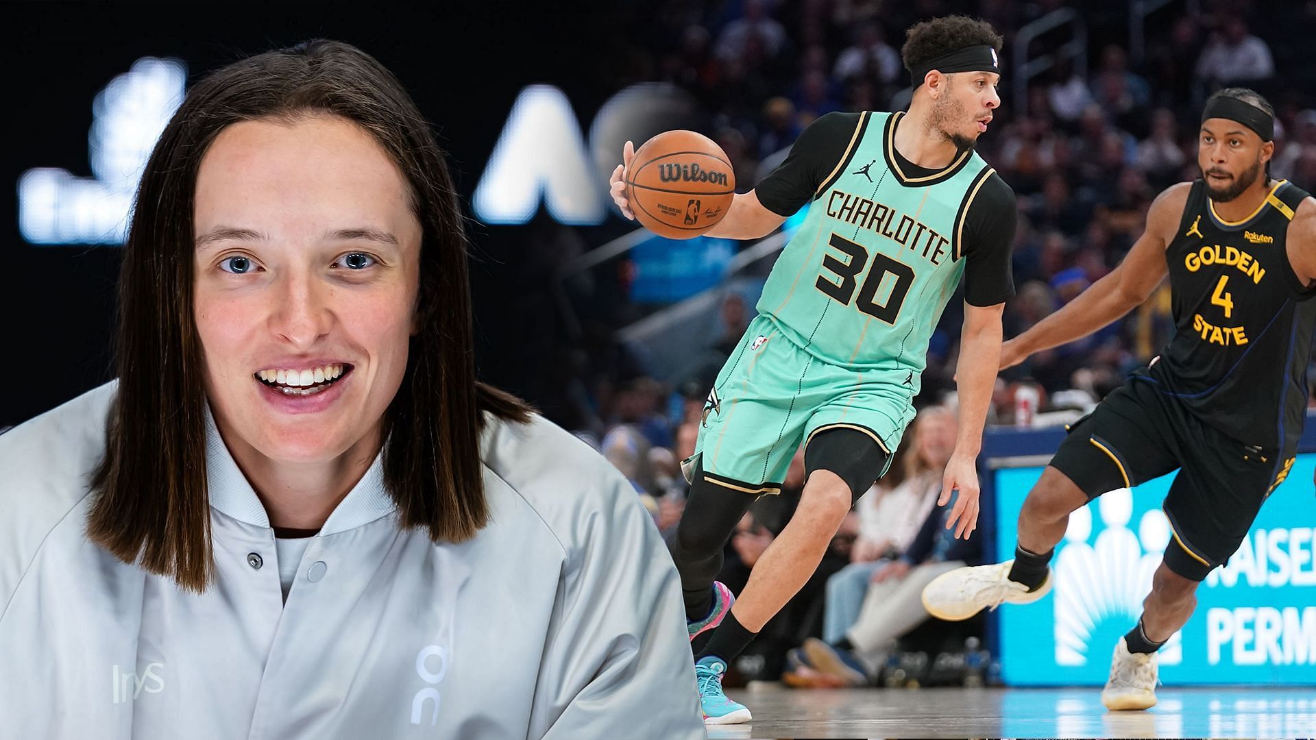 Iga Swiatek (L) enjoyed her time at the Warriors v Hornets game (R) - Source: Getty