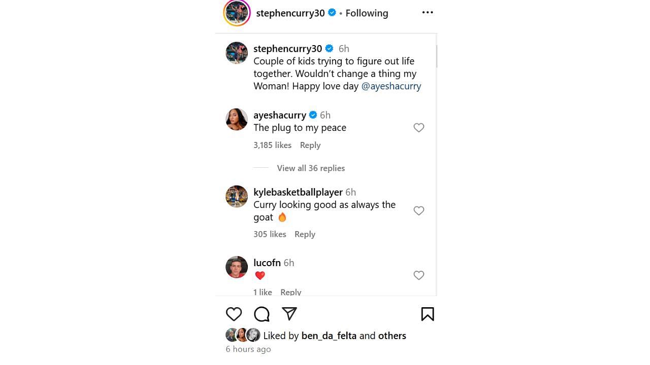 Ayesha Curry responds to Steph Curry&#039;s Valentine&#039;s Day greeting on Instagram. [photo: @stephencurry30/IG]