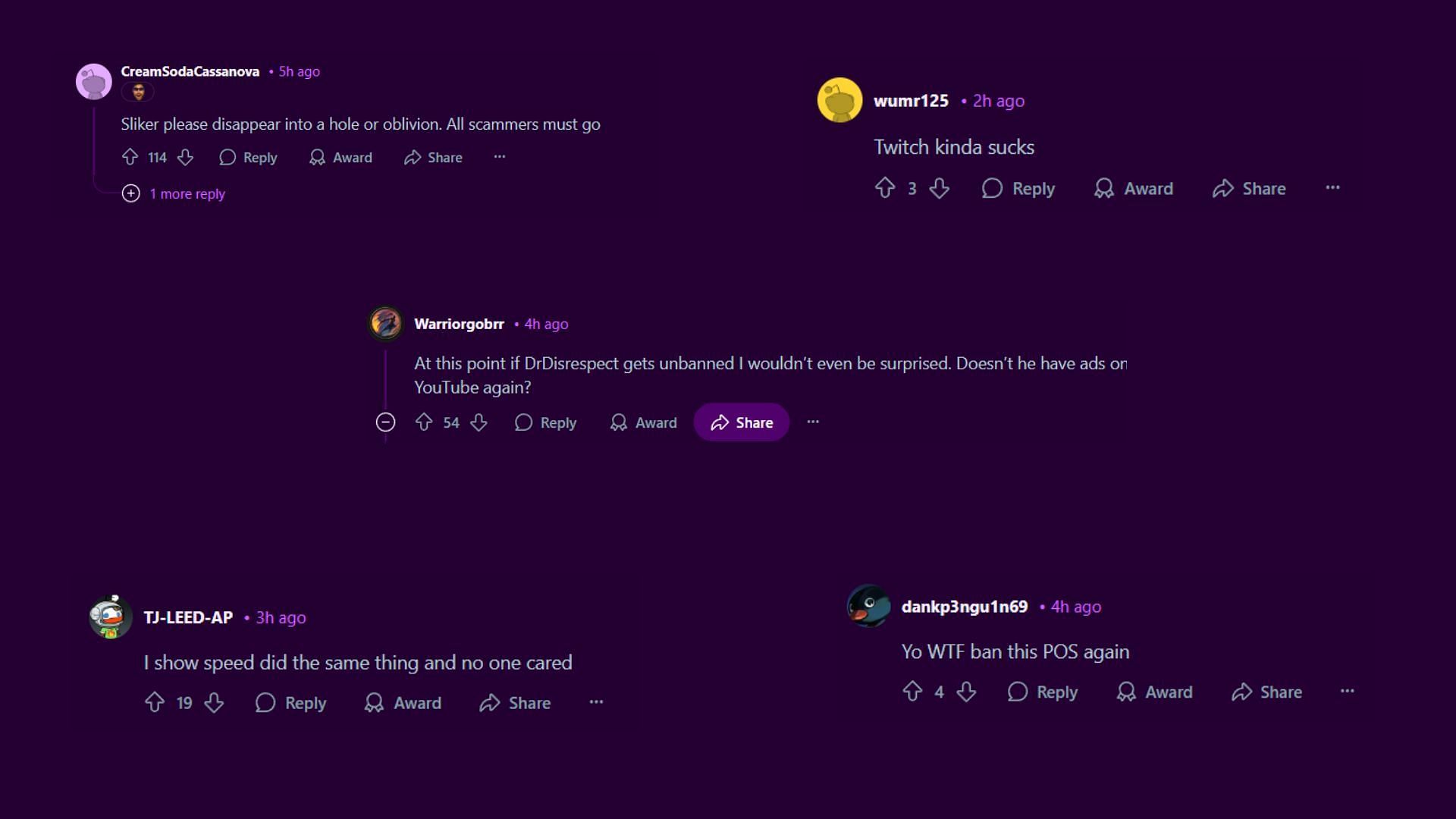 More reactions to ItsSliker&#039;s unban, the r/LivestreamFail community was generally disappointed in Twitch&#039;s initial decision to unban the streamer (Images via r/LivestreamFail/Reddit)