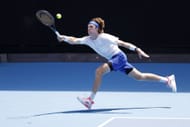 Rublev plays a running forehand in the 2025 Australian Open - Source: Getty