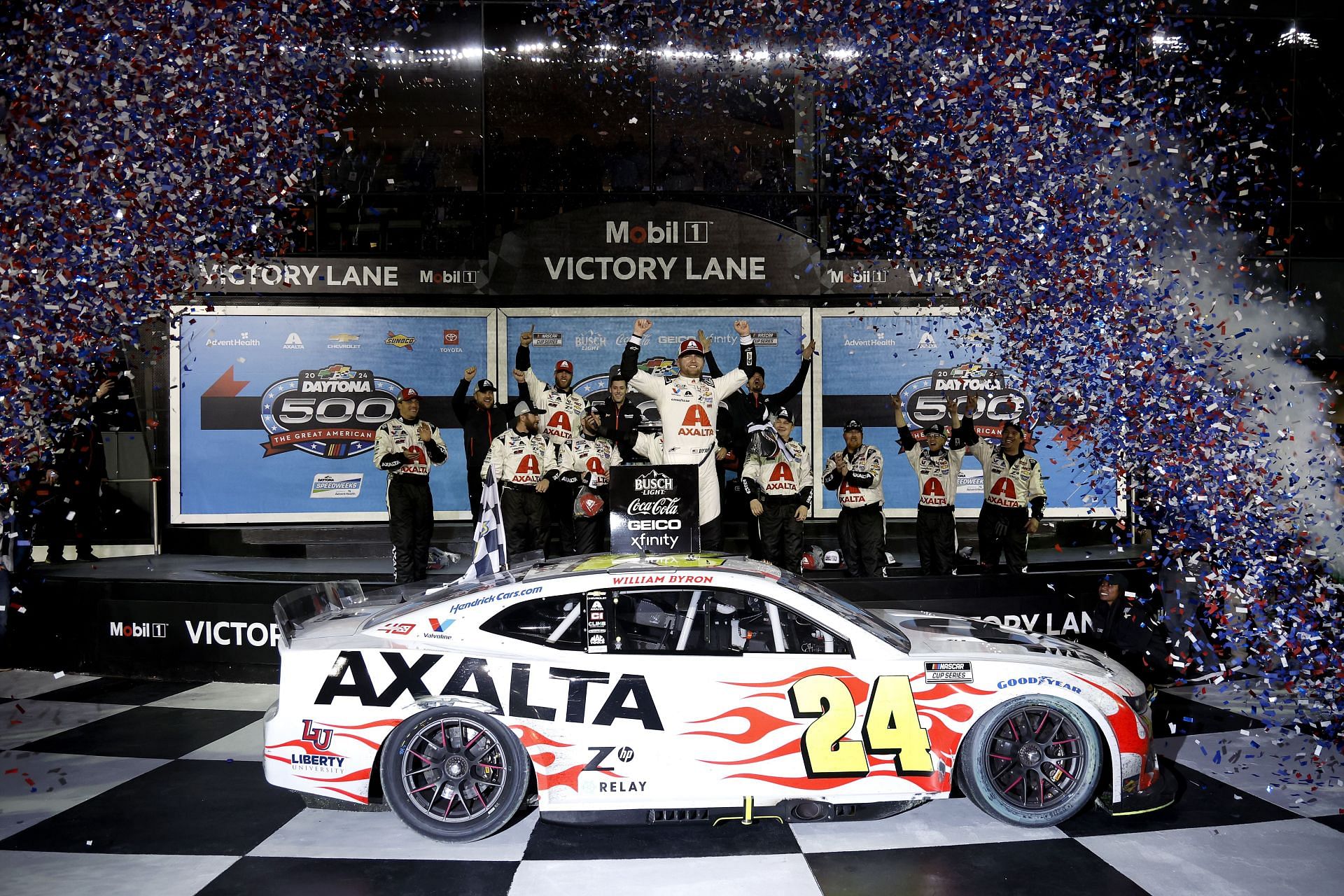 DAYTONA BEACH, FLORIDA - FEBRUARY 19: William Byron, driver of the #24 Axalta Chevrolet, celebrates in victory lane after winning the NASCAR Cup Series Daytona 500 at Daytona International Speedway on February 19, 2024 in Daytona Beach, Florida. (Photo by Chris Graythen/Getty Images) - Source: Getty