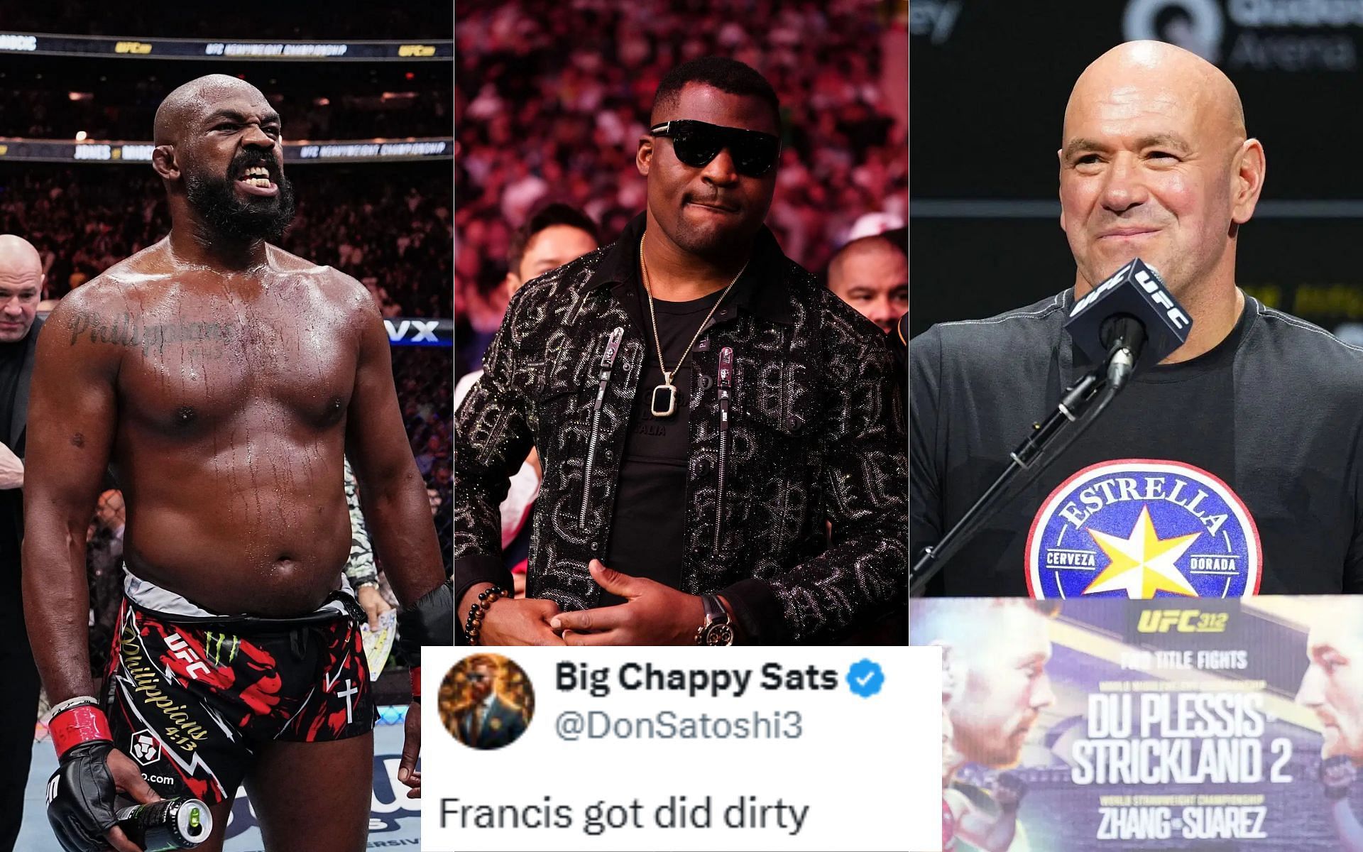 Francis Ngannou (middle) speaks about Jon Jones (left) and Dana White (right) [Image courtesy: Getty]