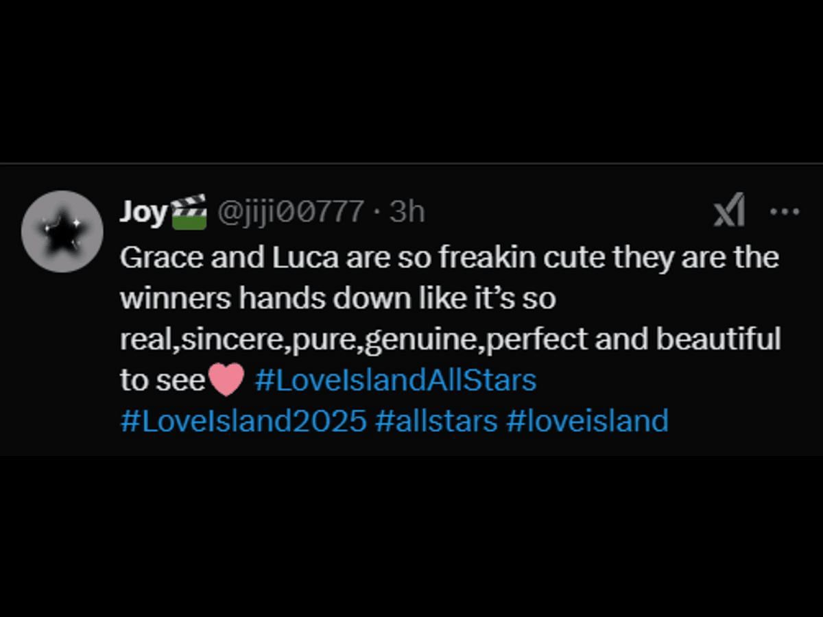 A Love Island: All Stars fan reacts to Luca and Grace&#039;s conversation (Image via X/@jiji00777)